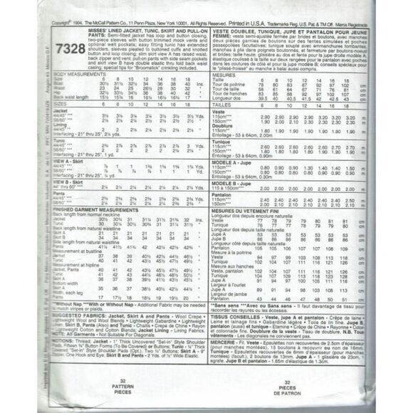 McCalls Sewing Pattern 7328 Jacket Tunic Skirt Pants Misses Size 16 - Picture 2 of 2